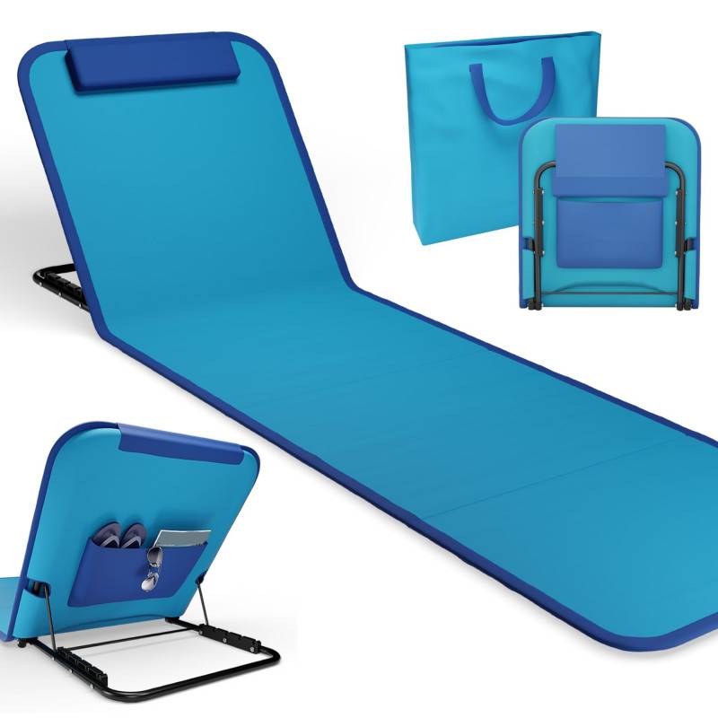 Transat de plage confortable Bleu 165cm dossier réglable et coussin pour la tête sac inclus