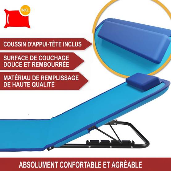 Transat de plage confortable Bleu 165cm dossier réglable et coussin pour la tête sac inclus - Image 4