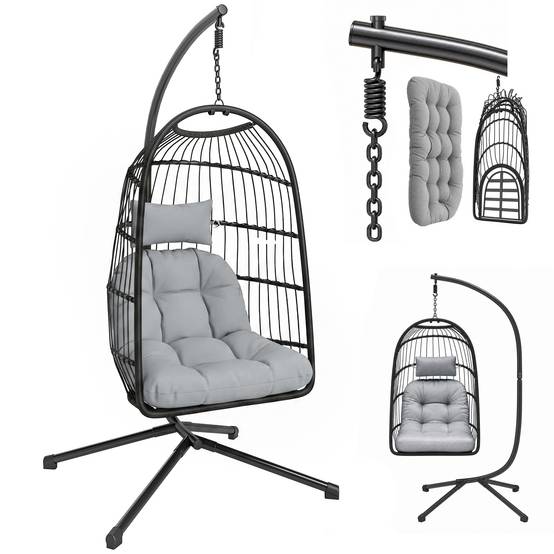 Chaise œuf suspendue avec support et ceinture sécurité, 105x101x196cm, noir gris clair - Image 1