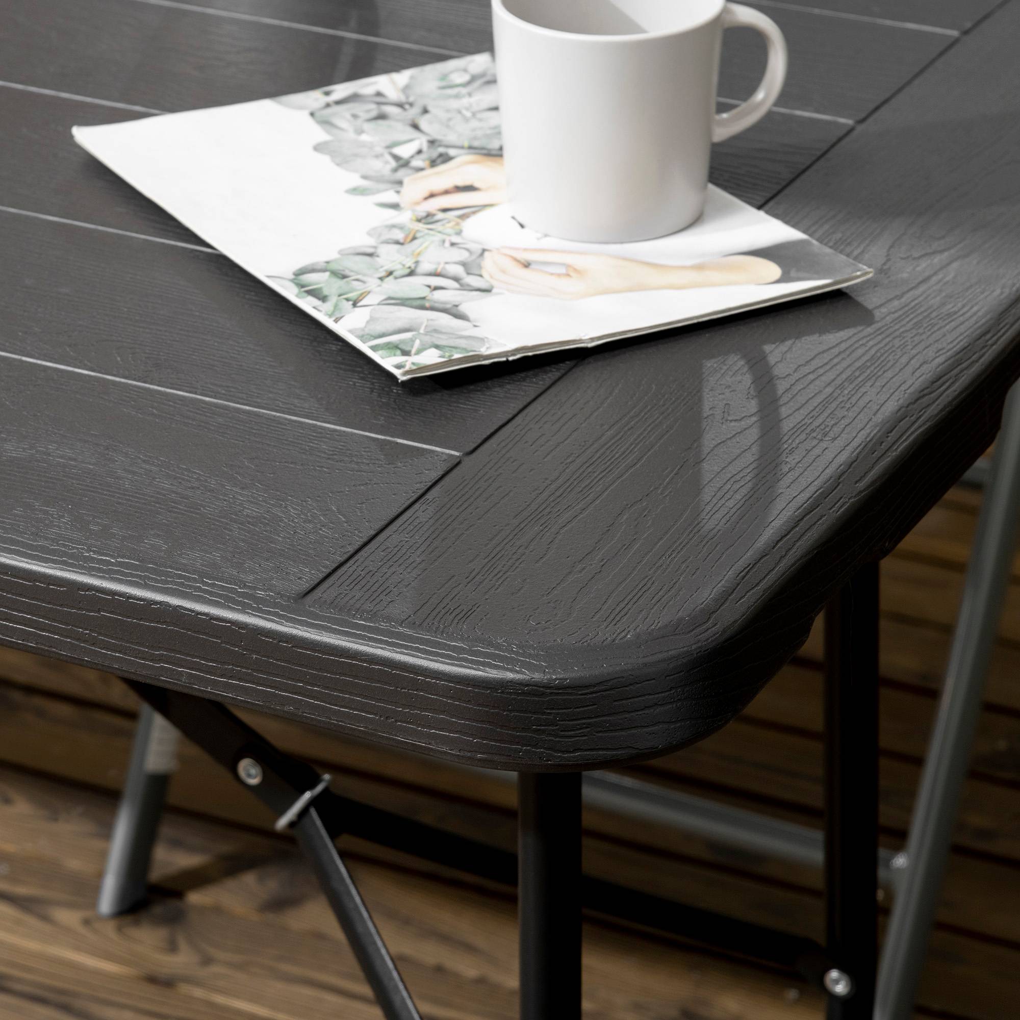 Table de jardin pliable aspect bois pour 6 personnes, résistante aux intempéries extérieur, gris foncé 180x75,5x73 cm - Image 9
