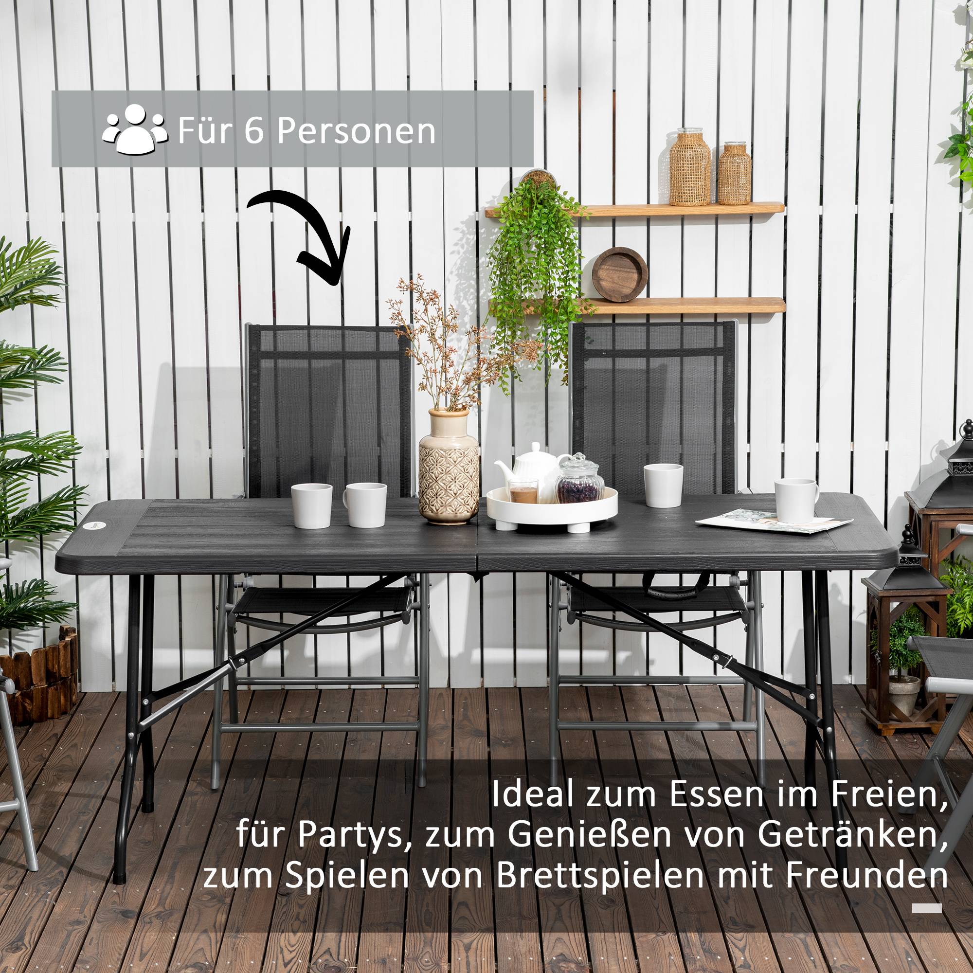 Table de jardin pliable aspect bois pour 6 personnes, résistante aux intempéries extérieur, gris foncé 180x75,5x73 cm - Image 4