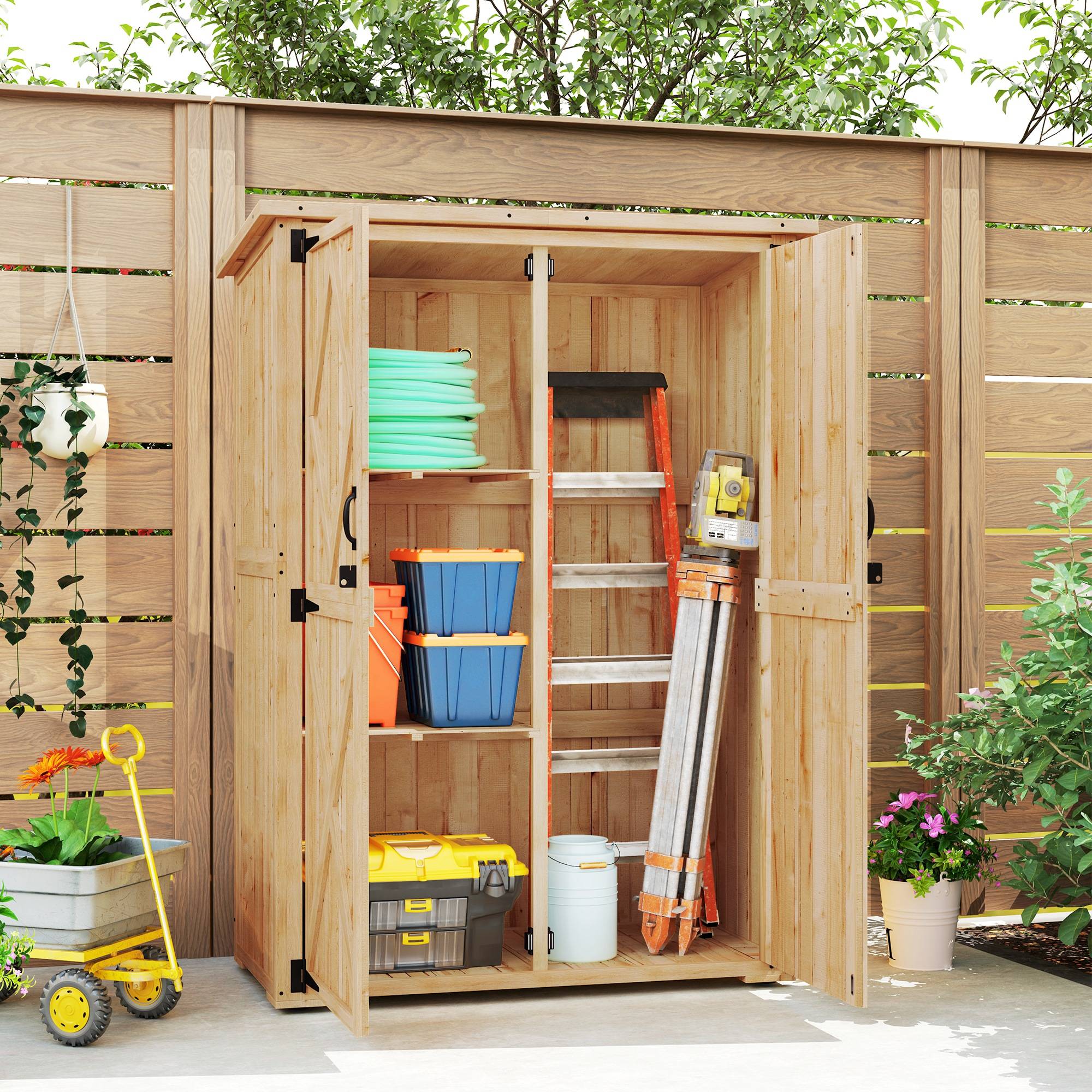 Abri de jardin en bois pour outils et matériel, toit en asphalte, double porte, épicéa, brun clair - Image 10