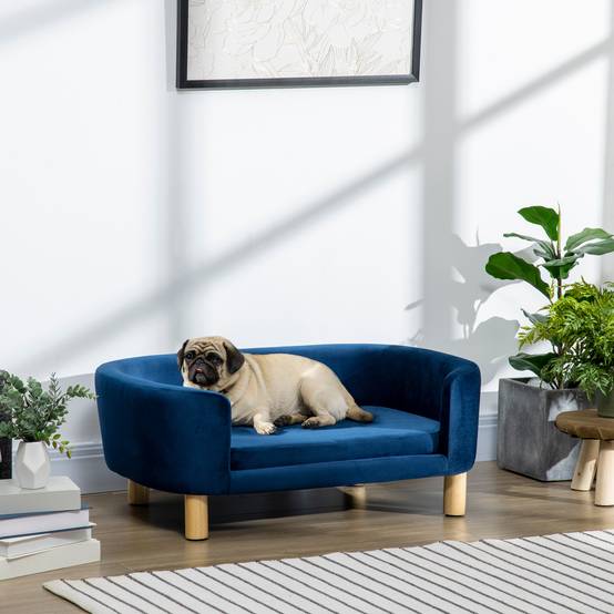 Sans Marque - Canapé/lit pour chien en velours hollandais, avec dossier, pieds en bois et coussin bleu - Image 4