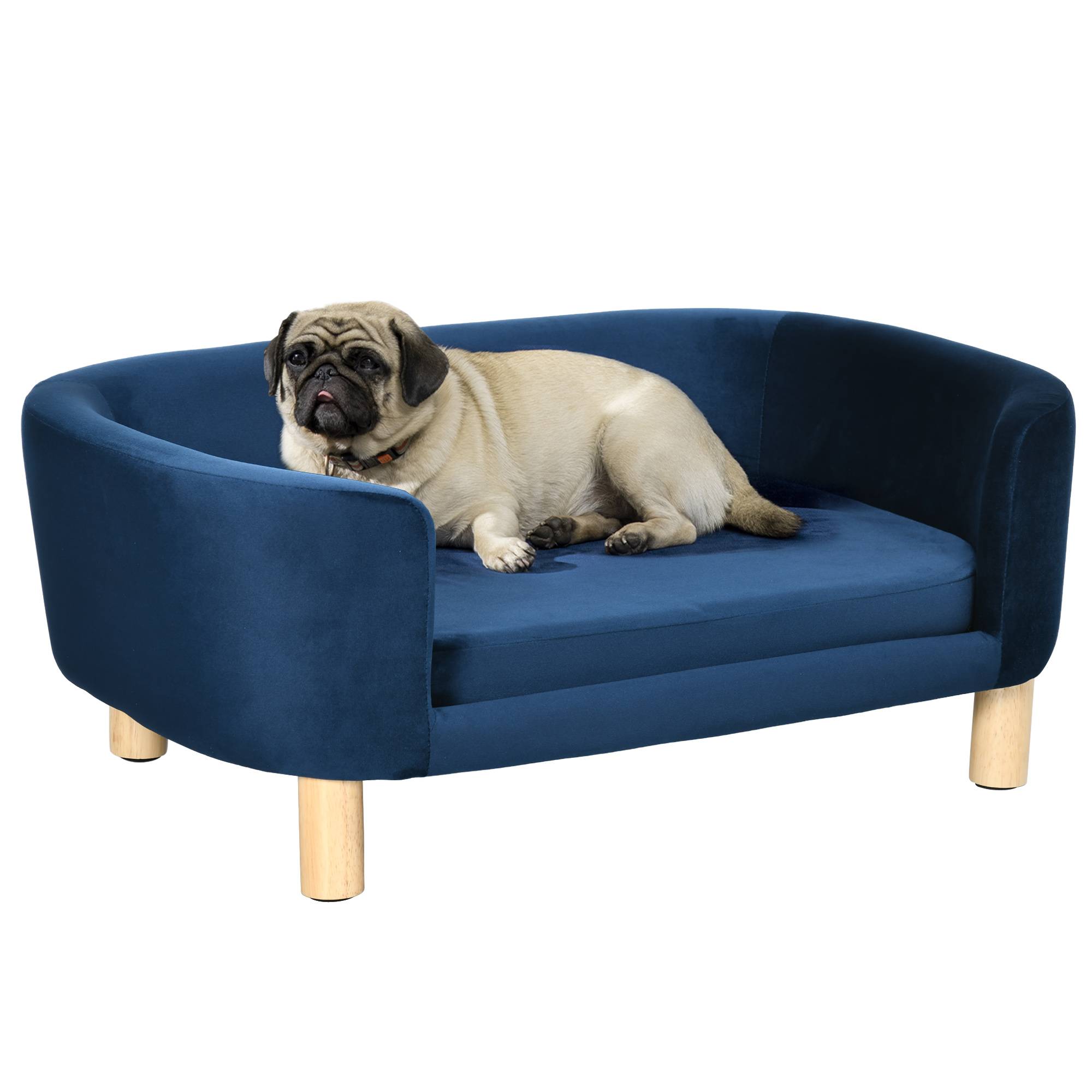 Sans Marque - Canapé/lit pour chien en velours hollandais, avec dossier, pieds en bois et coussin bleu - Image 1