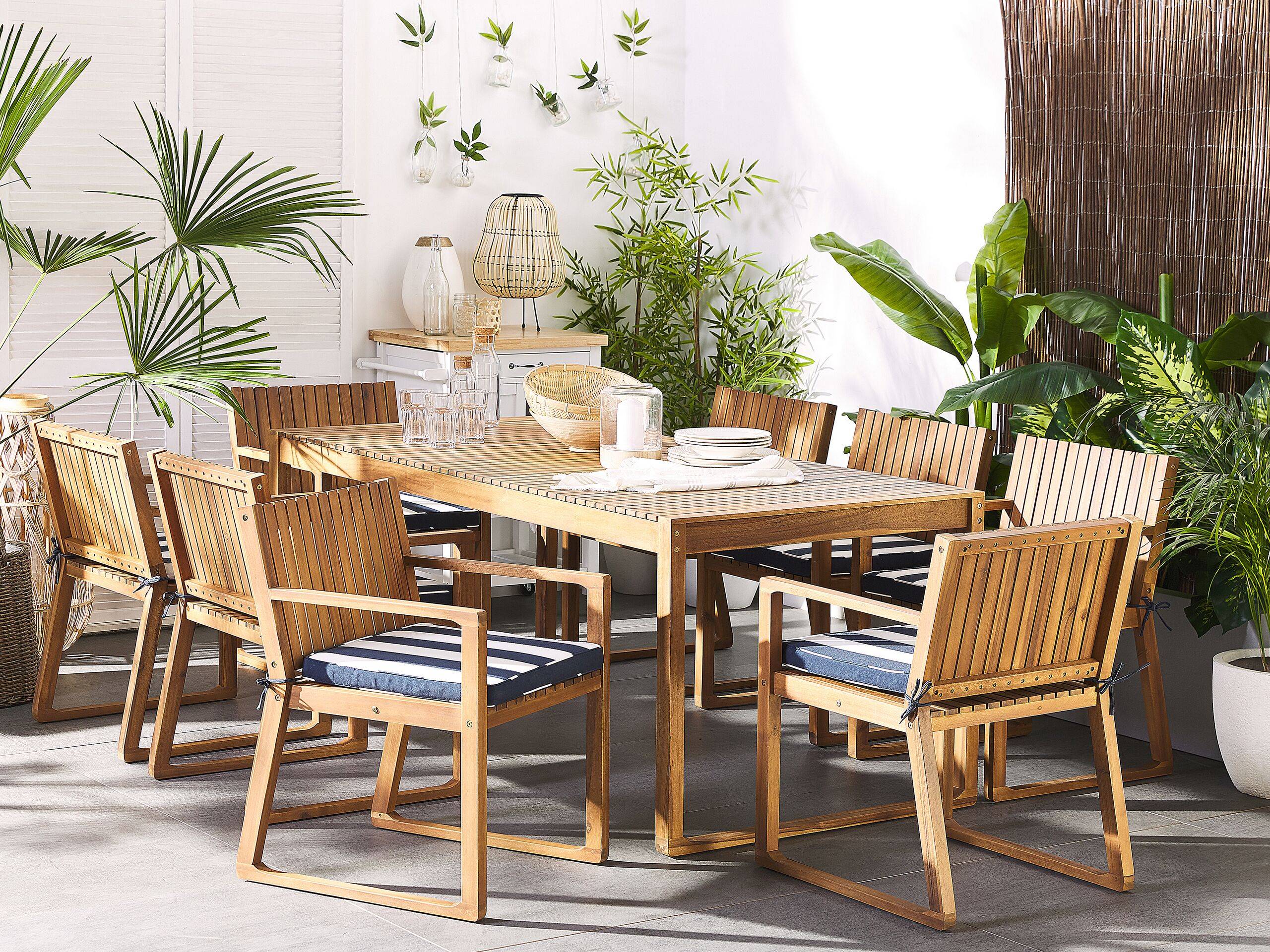 Beliani - Ensemble de Jardin Table 180 x 90 cm et de 8 Chaises en Bois d'Accacia avec Coussins d'Assise à Rayures Bleu Foncé Beliani - Image 2