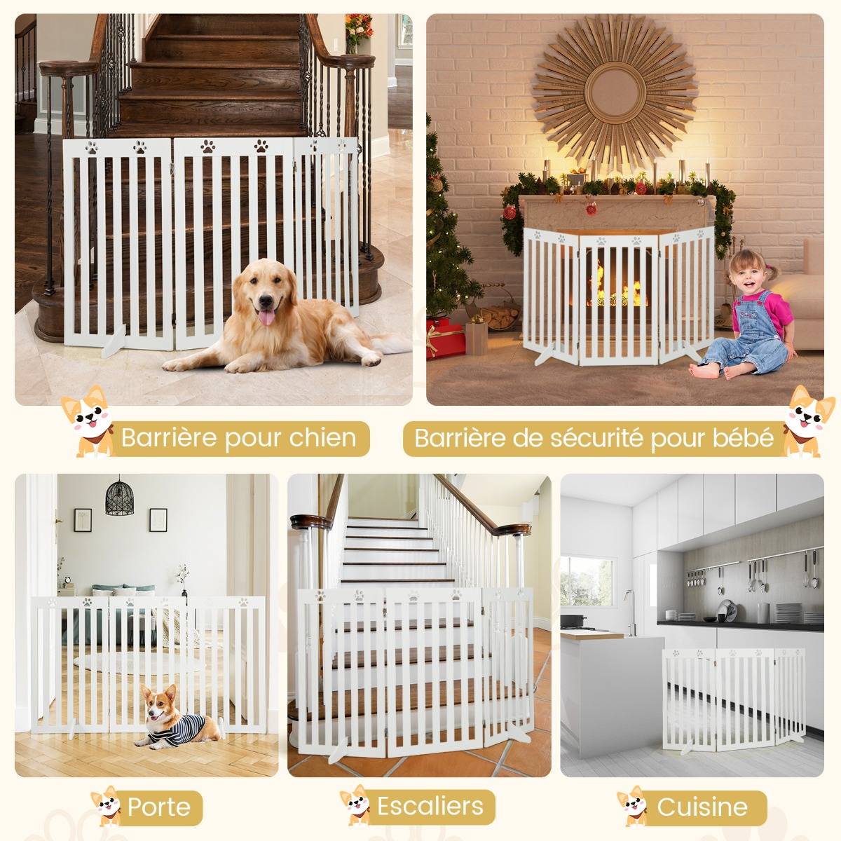 Maison Chic - Barrière Autoportante pour Chien 3 Panneaux en Bois Charnières Métalliques à 360° sans Perçage pour Maison Escaliers Blanc - Image 9