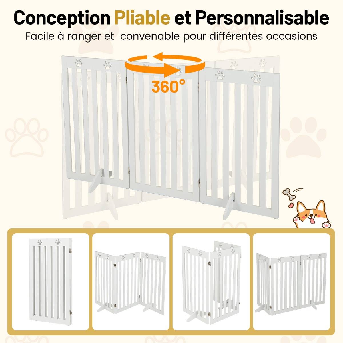 Maison Chic - Barrière Autoportante pour Chien 3 Panneaux en Bois Charnières Métalliques à 360° sans Perçage pour Maison Escaliers Blanc - Image 7