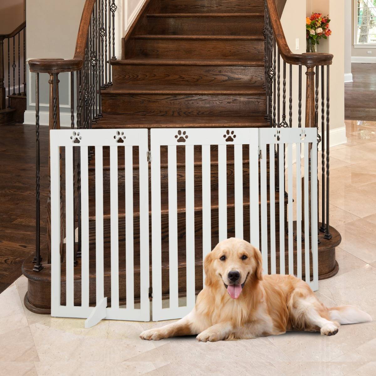 Maison Chic - Barrière Autoportante pour Chien 3 Panneaux en Bois Charnières Métalliques à 360° sans Perçage pour Maison Escaliers Blanc - Image 2