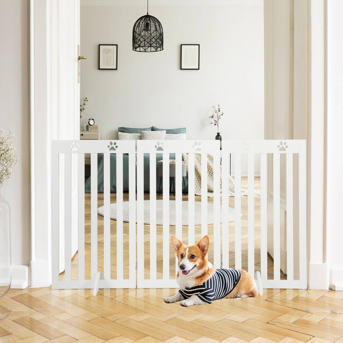 Maison Chic - Barrière Autoportante pour Chien 3 Panneaux en Bois Charnières Métalliques à 360° sans Perçage pour Maison Escaliers Blanc - Image 3