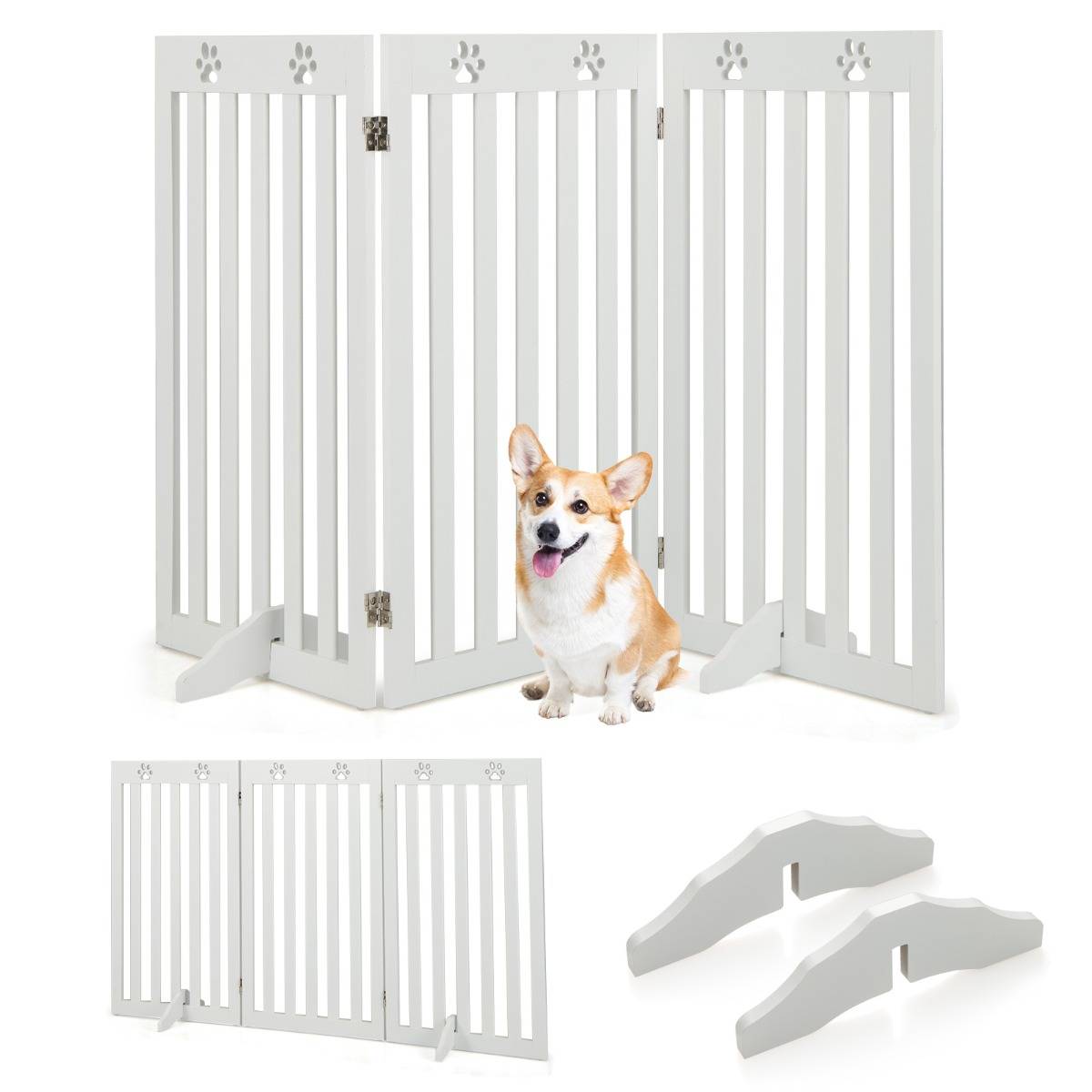 Maison Chic - Barrière Autoportante pour Chien 3 Panneaux en Bois Charnières Métalliques à 360° sans Perçage pour Maison Escaliers Blanc - Image 5