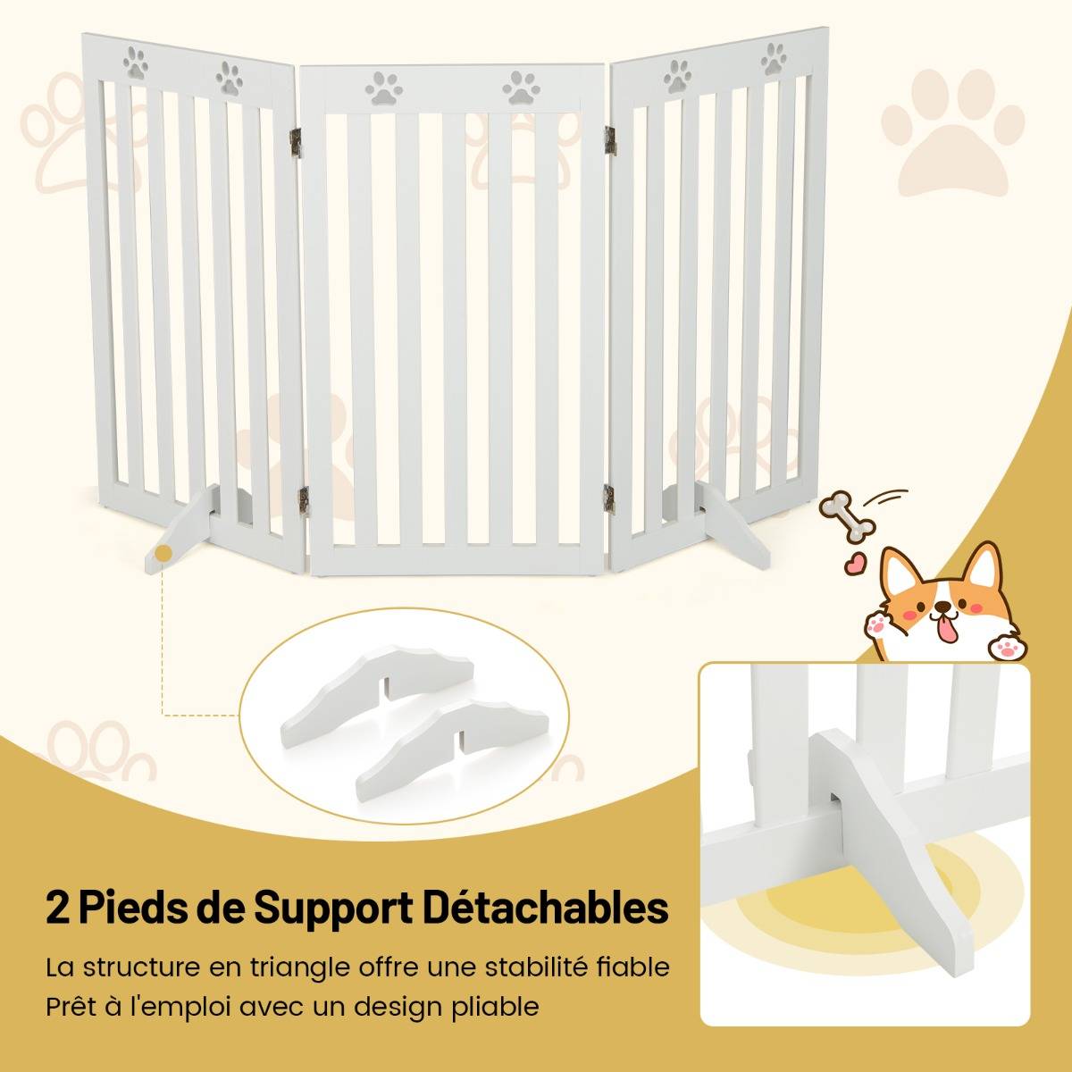Maison Chic - Barrière Autoportante pour Chien 3 Panneaux en Bois Charnières Métalliques à 360° sans Perçage pour Maison Escaliers Blanc - Image 8