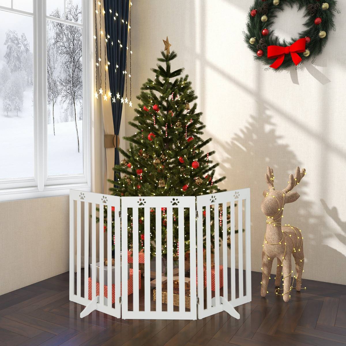Maison Chic - Barrière Autoportante pour Chien 3 Panneaux en Bois Charnières Métalliques à 360° sans Perçage pour Maison Escaliers Blanc - Image 4