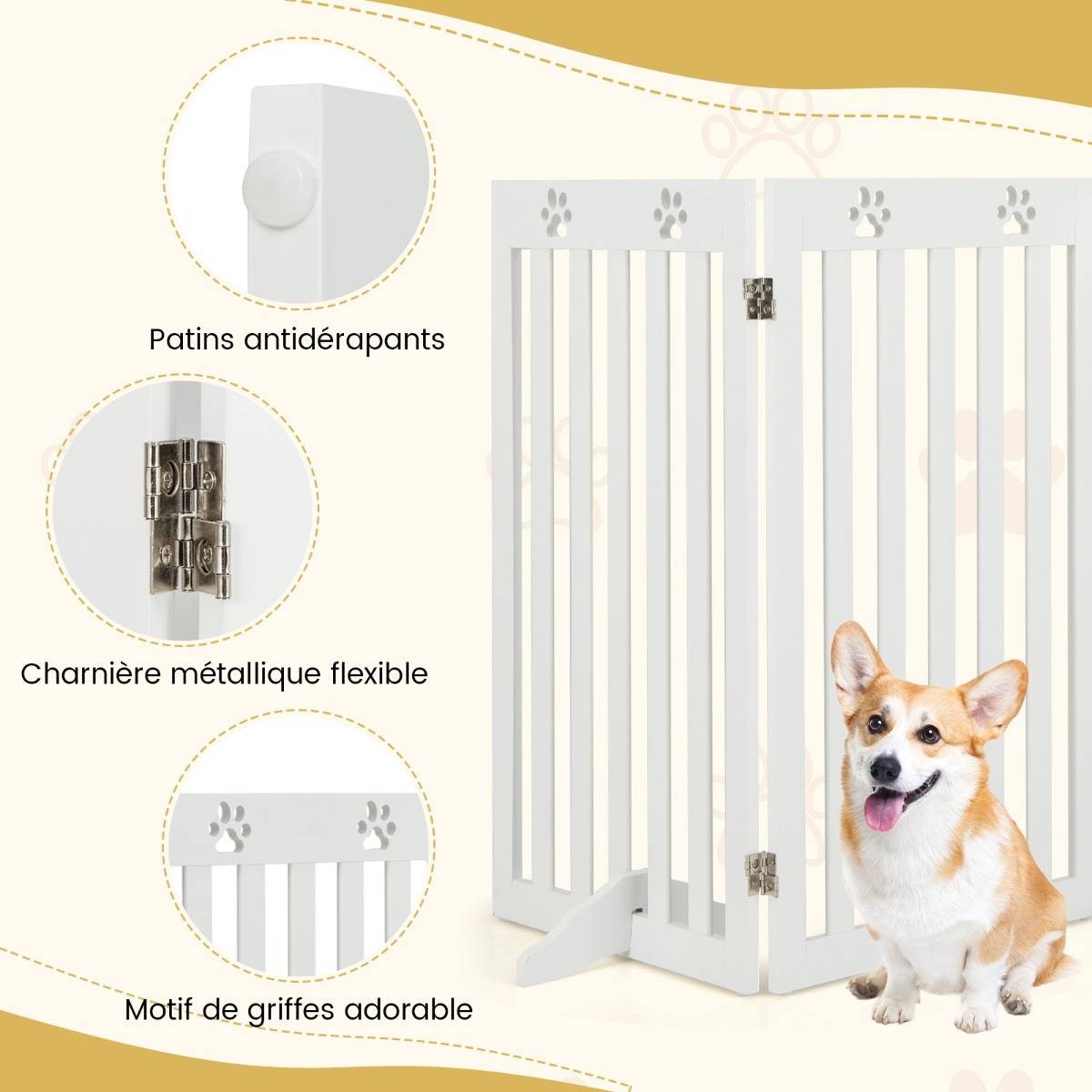 Maison Chic - Barrière Autoportante pour Chien 3 Panneaux en Bois Charnières Métalliques à 360° sans Perçage pour Maison Escaliers Blanc - Image 6