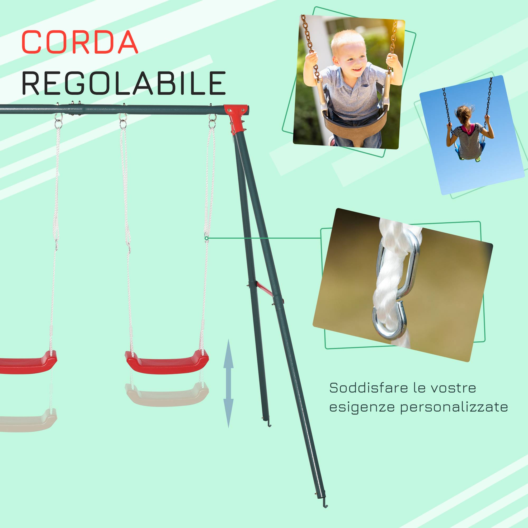 Balançoire double de jardin pour enfants à partir de 3 ans, vert et rouge, permet à deux enfants de jouer simultanément - Image 5