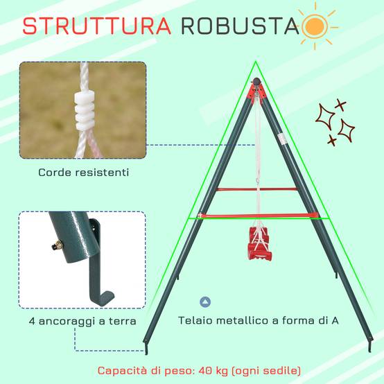 Balançoire double de jardin pour enfants à partir de 3 ans, vert et rouge, permet à deux enfants de jouer simultanément - Image 4