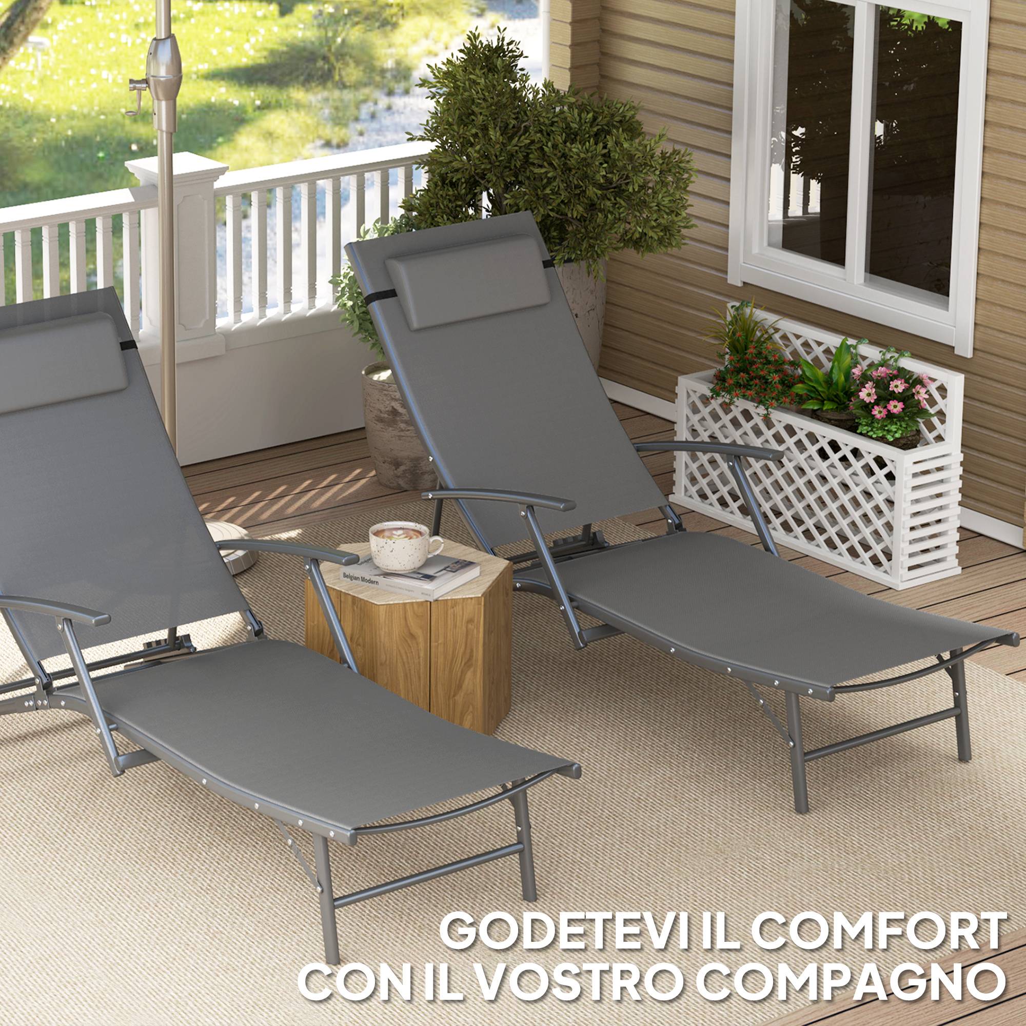 Lot 2 chaises longues jardin pliantes dossier réglable 4 niveaux coussin grises - Image 8