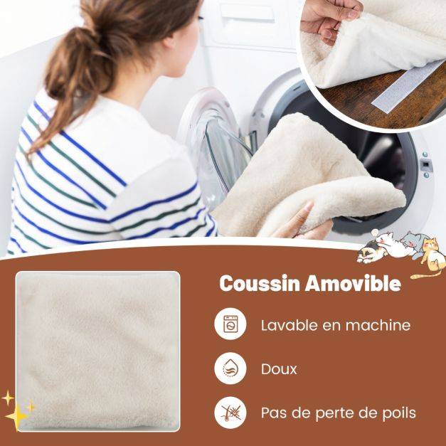 Helloshop26 - 2 en 1 arbre à chat 64cm griffoir pompon suspendu coussin amovible structure en forme de C style industriel café - Image 3