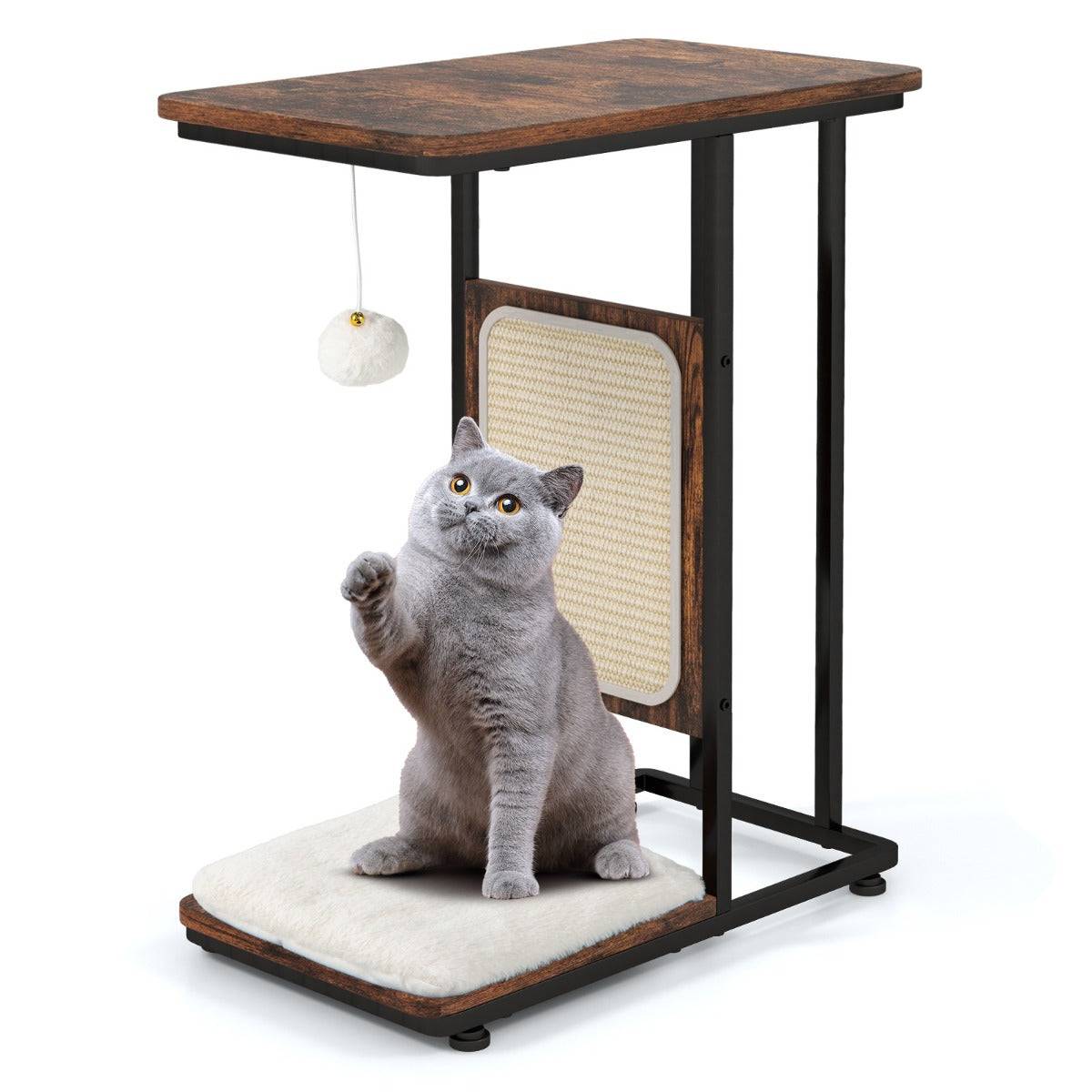 Helloshop26 - 2 en 1 arbre à chat 64cm griffoir pompon suspendu coussin amovible structure en forme de C style industriel café - Image 1