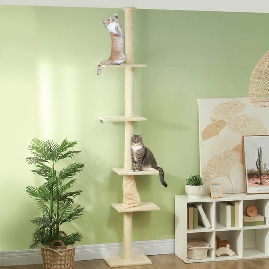 Arbre à chat réglable 225-275 cm, base stable, anti-bascule, peluche, blanc crème - Image 3