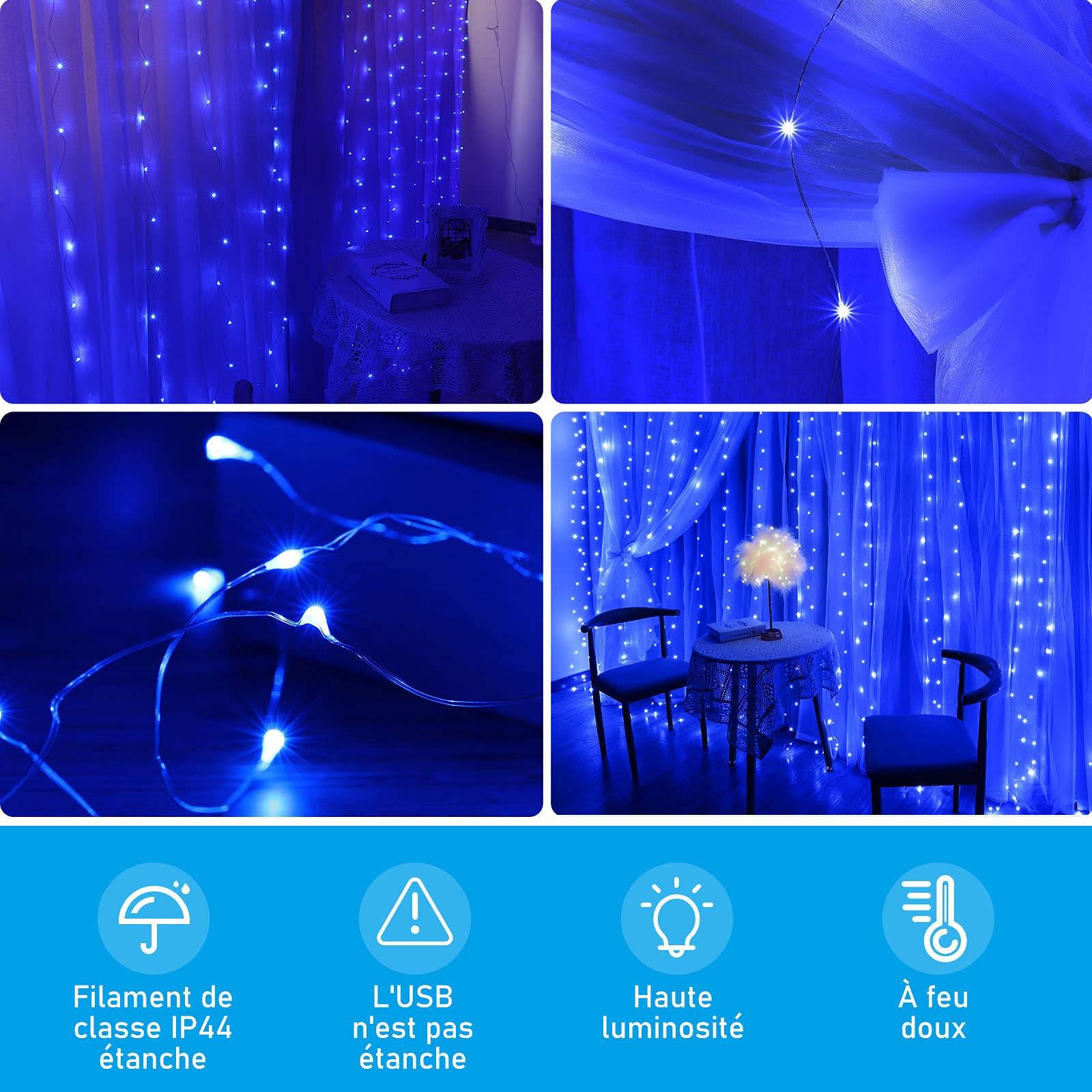 Rideau Lumineux LED 3x2m - 200 LEDs, Télécommande, USB, Pour Intérieur/extérieur