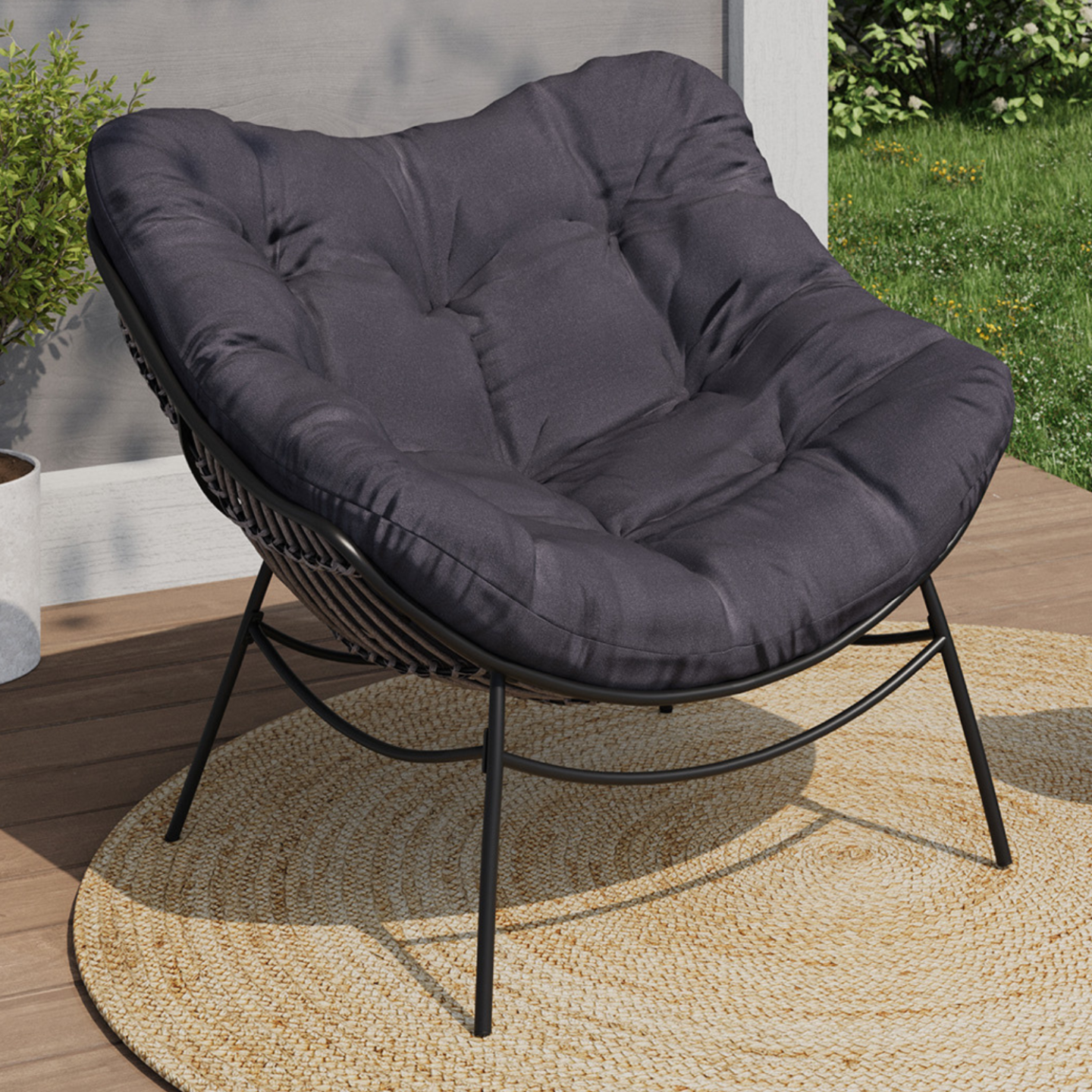 Fauteuil de jardin relax LOA effet rotin gris et coussin gris - Image 1