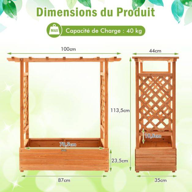 Helloshop26 - Jardinière avec treillis latéraux et toit suspendu bois sapin pré-huilé 110 x 44 x 113,5 cm bac à fleurs avec trou de drainage - Image 2