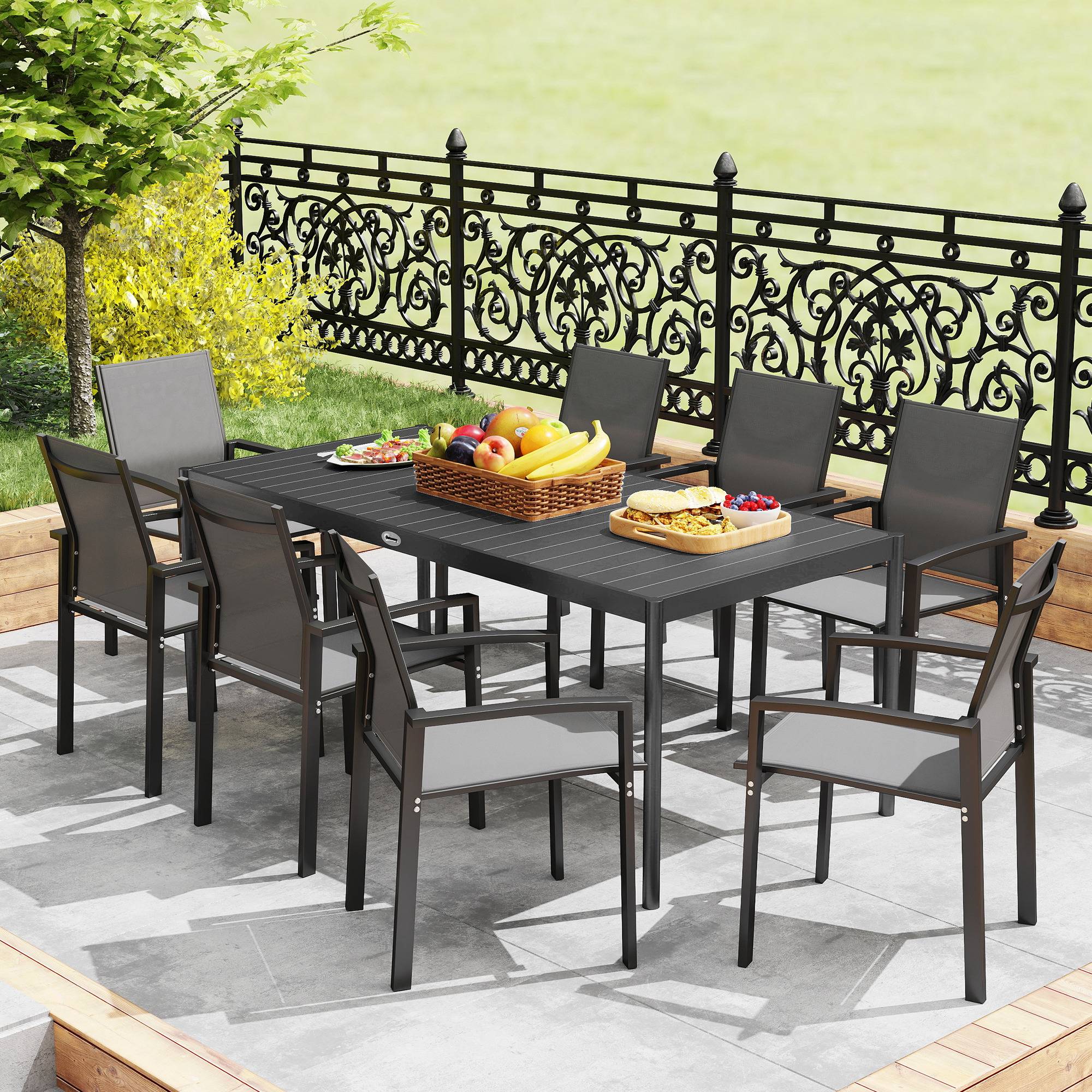 Table à manger de jardin acier, table de jardin 8 personnes plateau à lattes rectangulaire 186 x 90 x 74 cm gris foncé - Image 10