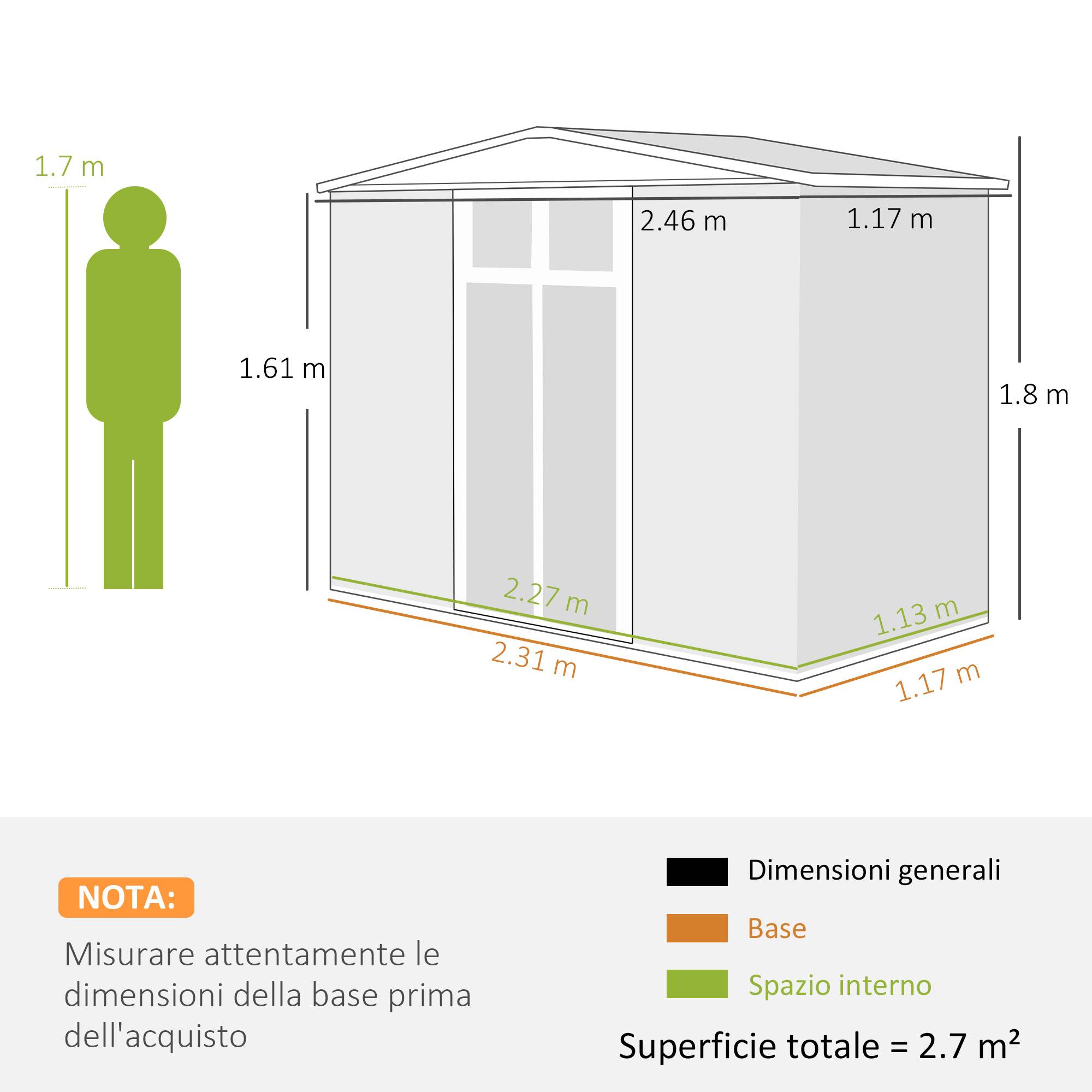 Abri de jardin acier galvanisé 246x117x180 cm avec 2 portes, rangement extérieur gris foncé - Image 5