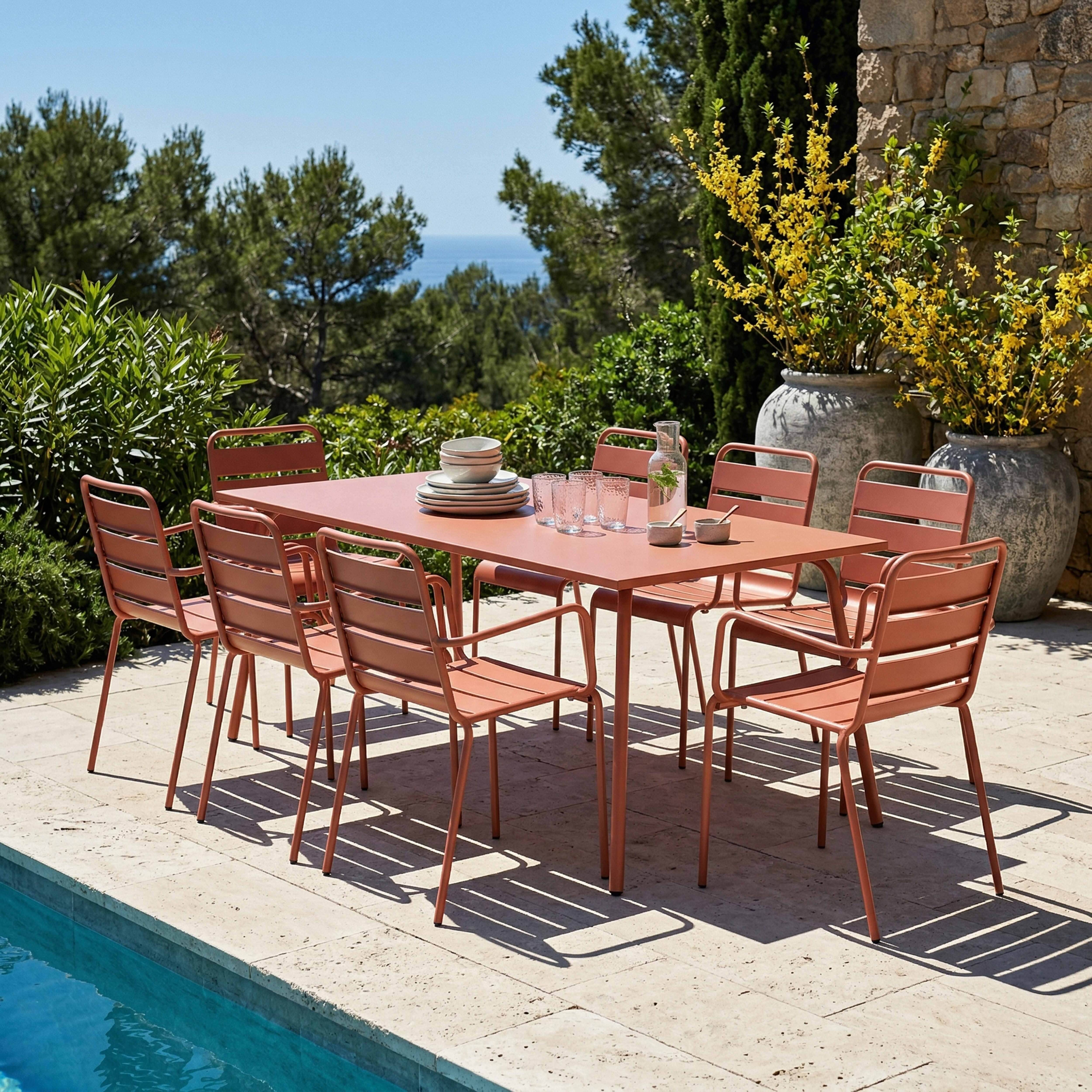 Oviala - Ensemble table de jardin et 8 fauteuils en métal argile Palavas - Oviala - Image 2