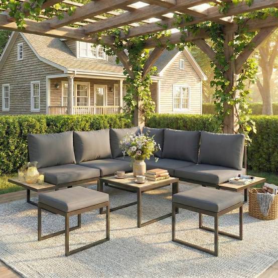 Outsunny - Salon de jardin extérieur 6 personnes, modulable avec table basse et plateaux latéraux en bois PSPC - gris - Outsunny - Image 6