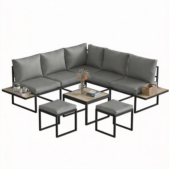 Outsunny - Salon de jardin extérieur 6 personnes, modulable avec table basse et plateaux latéraux en bois PSPC - gris - Outsunny - Image 5