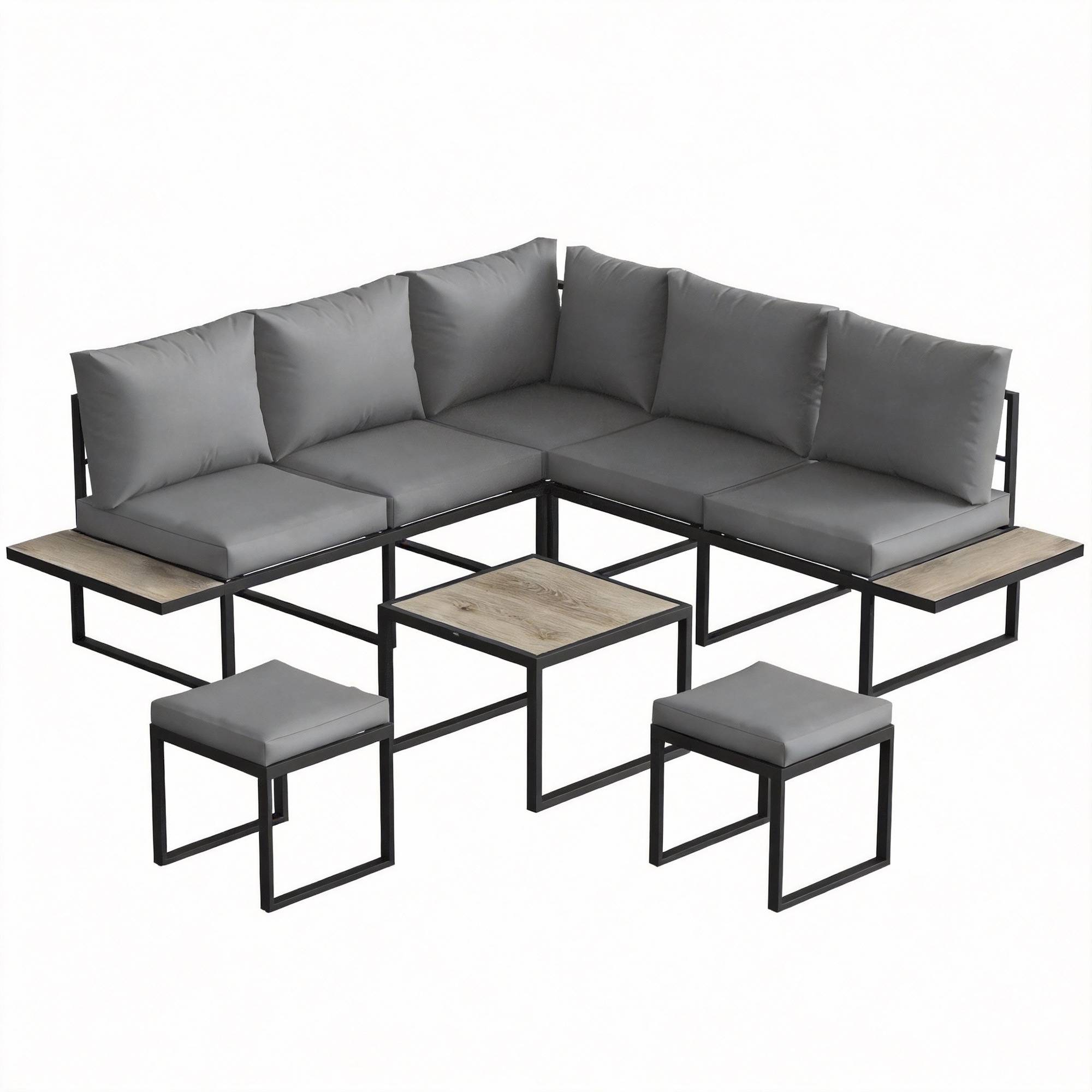 Outsunny - Salon de jardin extérieur 6 personnes, modulable avec table basse et plateaux latéraux en bois PSPC - gris - Outsunny - Image 1