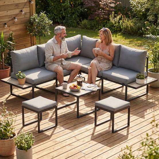 Outsunny - Salon de jardin extérieur 6 personnes, modulable avec table basse et plateaux latéraux en bois PSPC - gris - Outsunny - Image 4