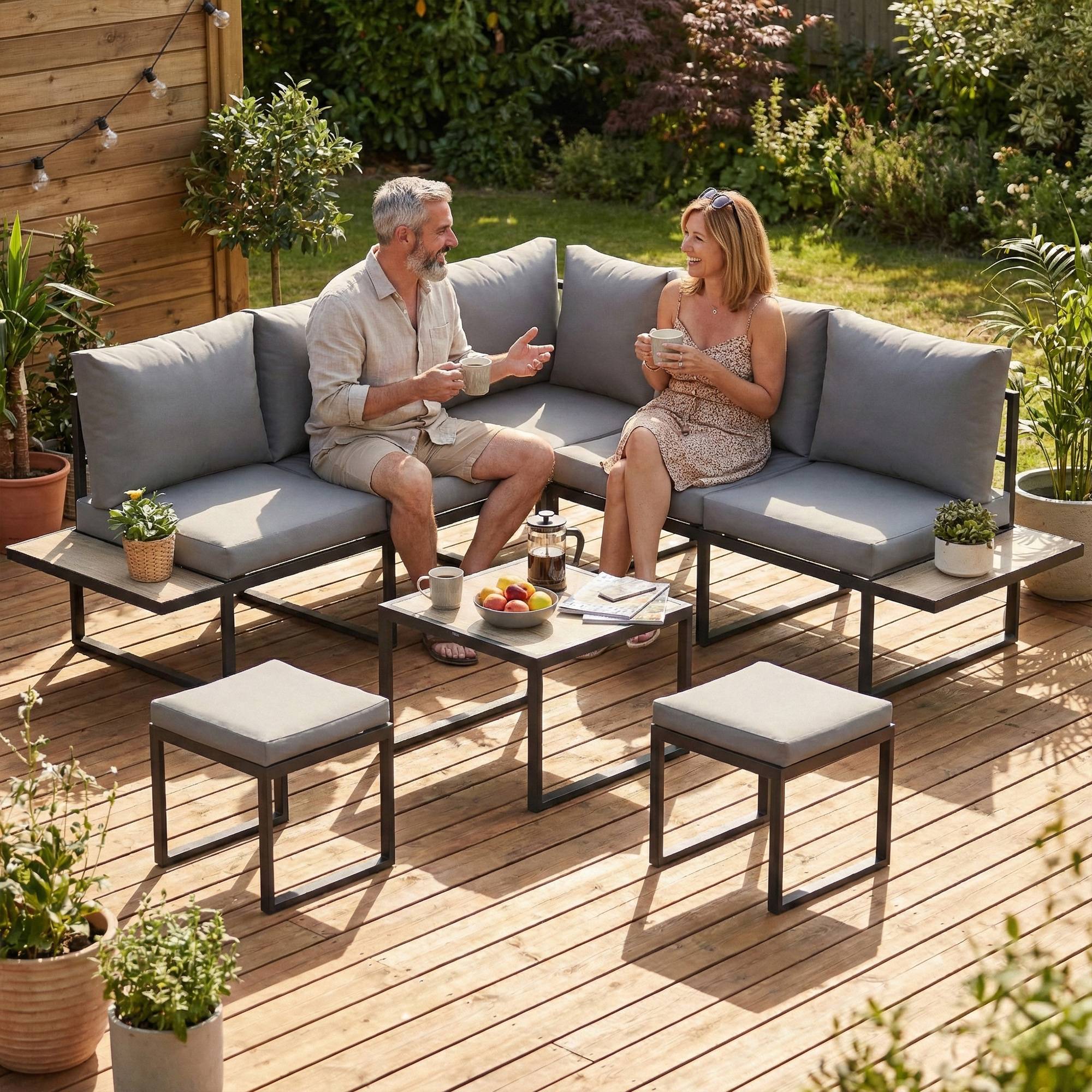 Outsunny - Salon de jardin extérieur 6 personnes, modulable avec table basse et plateaux latéraux en bois PSPC - gris - Outsunny - Image 4