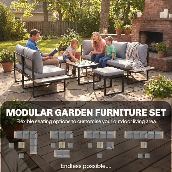 Outsunny - Salon de jardin extérieur 6 personnes, modulable avec table basse et plateaux latéraux en bois PSPC - gris - Outsunny - Image 7