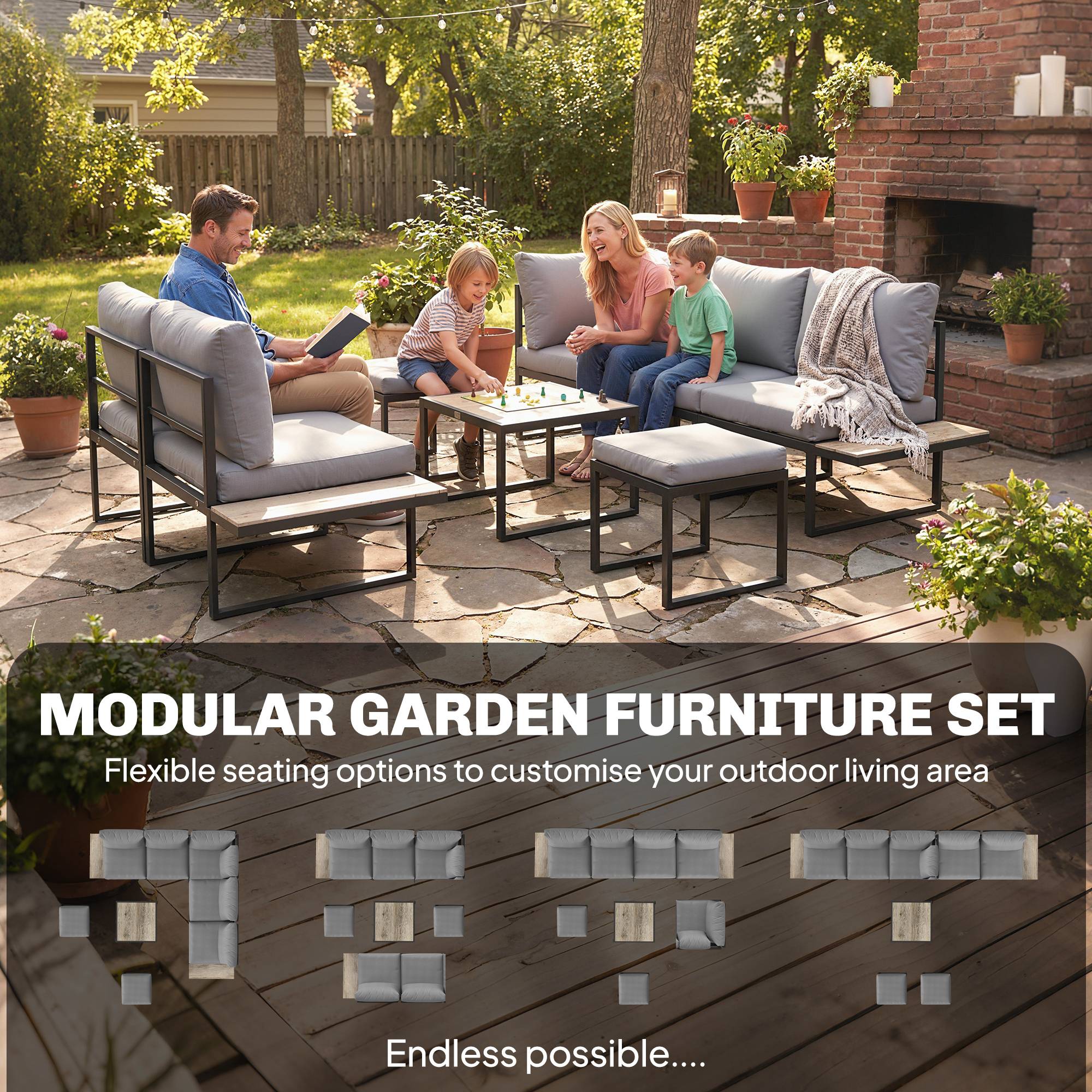 Outsunny - Salon de jardin extérieur 6 personnes, modulable avec table basse et plateaux latéraux en bois PSPC - gris - Outsunny - Image 7