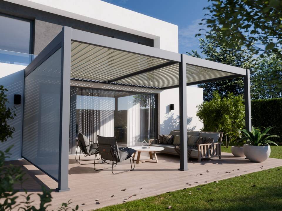 Pergola Bioclimatique Aluminium Adossée 19m² - 3,6x5,3 - Store Latéral - Anthracite - 34 lames Inclinables 120 degrés - HALO - Image 1