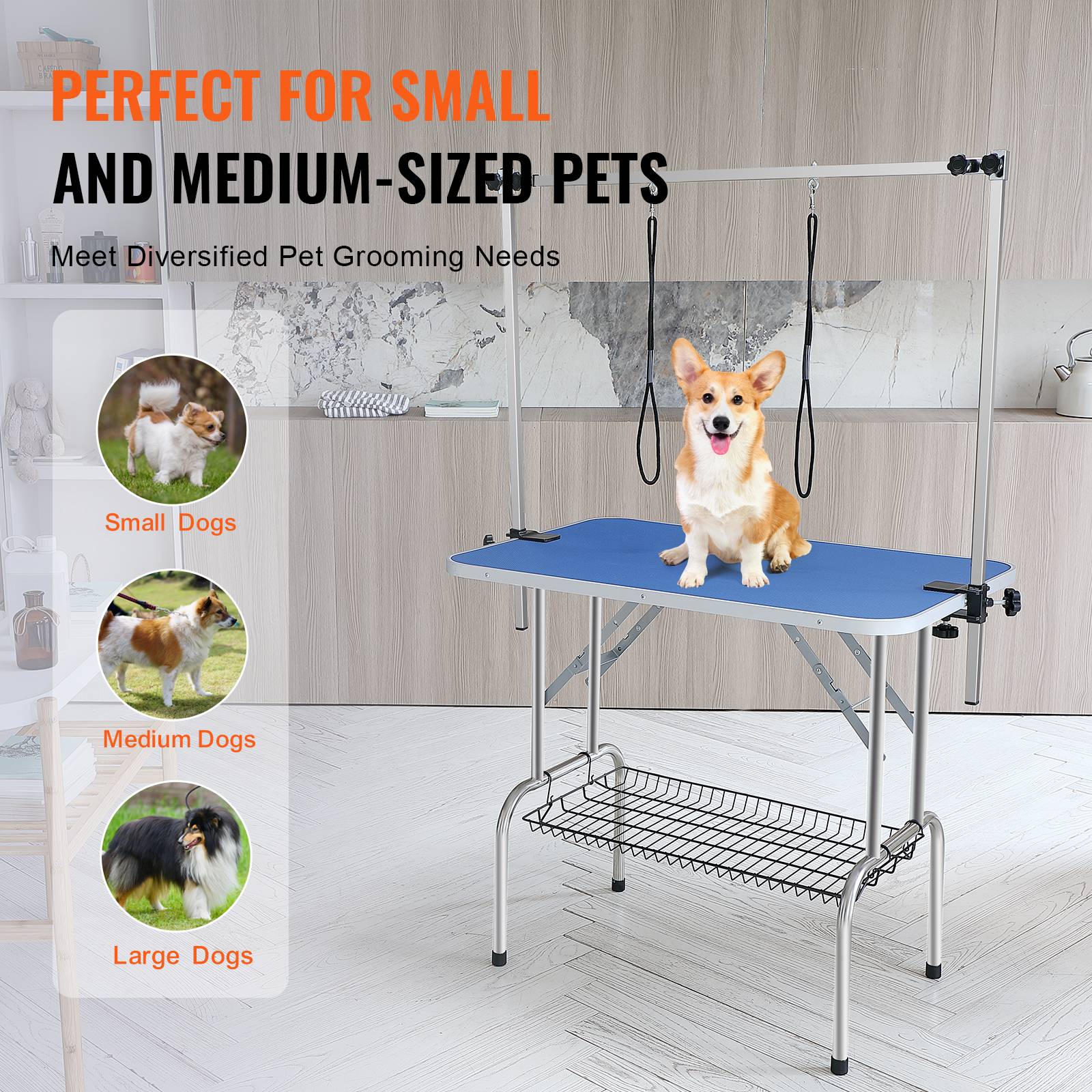 VEVOR Table toilettage chien pliable, charge 149,7 kg. 2 potences, panier. - Image 6