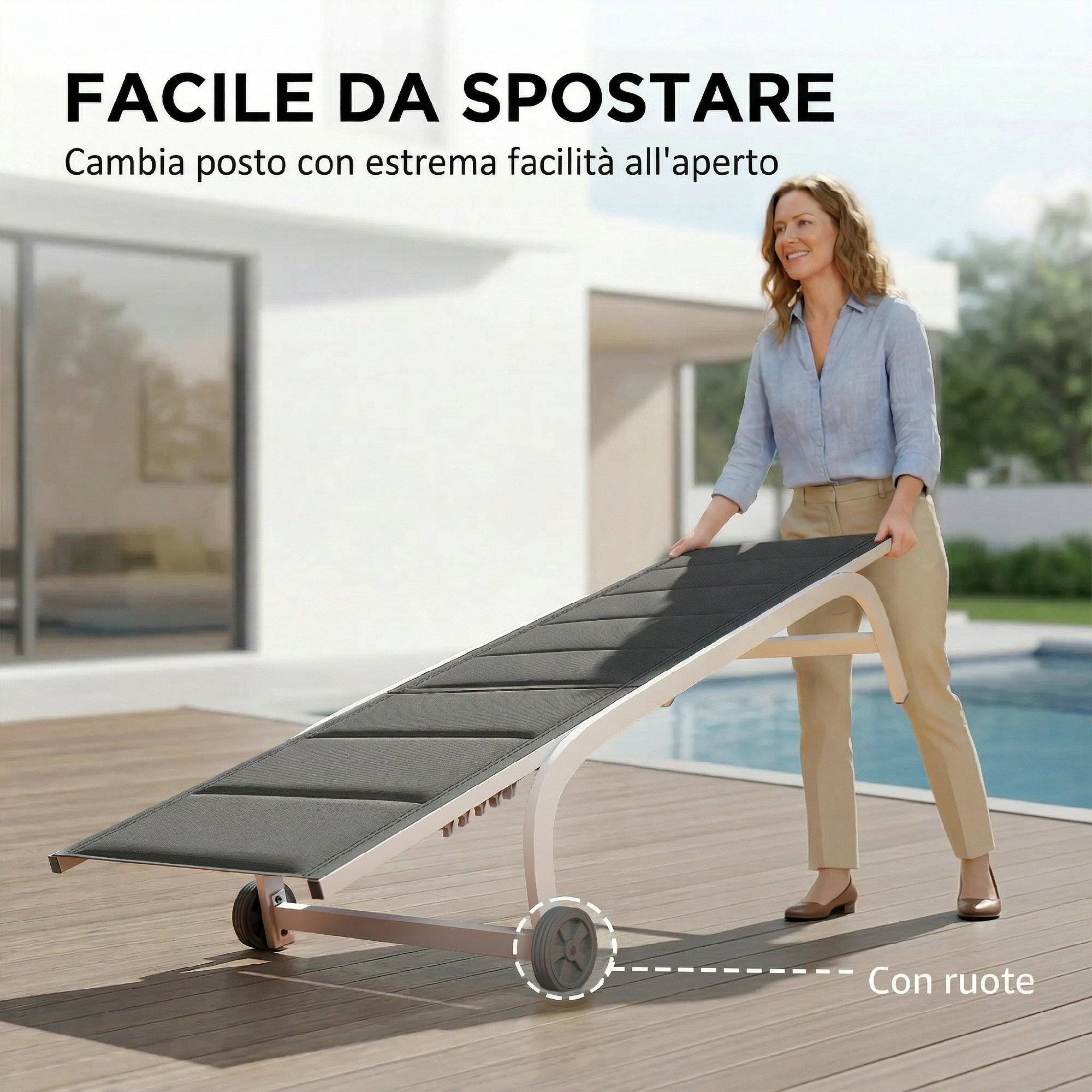 Transat de jardin à roulettes, en Textline avec structure en aluminium, gris foncé et blanc - Image 8