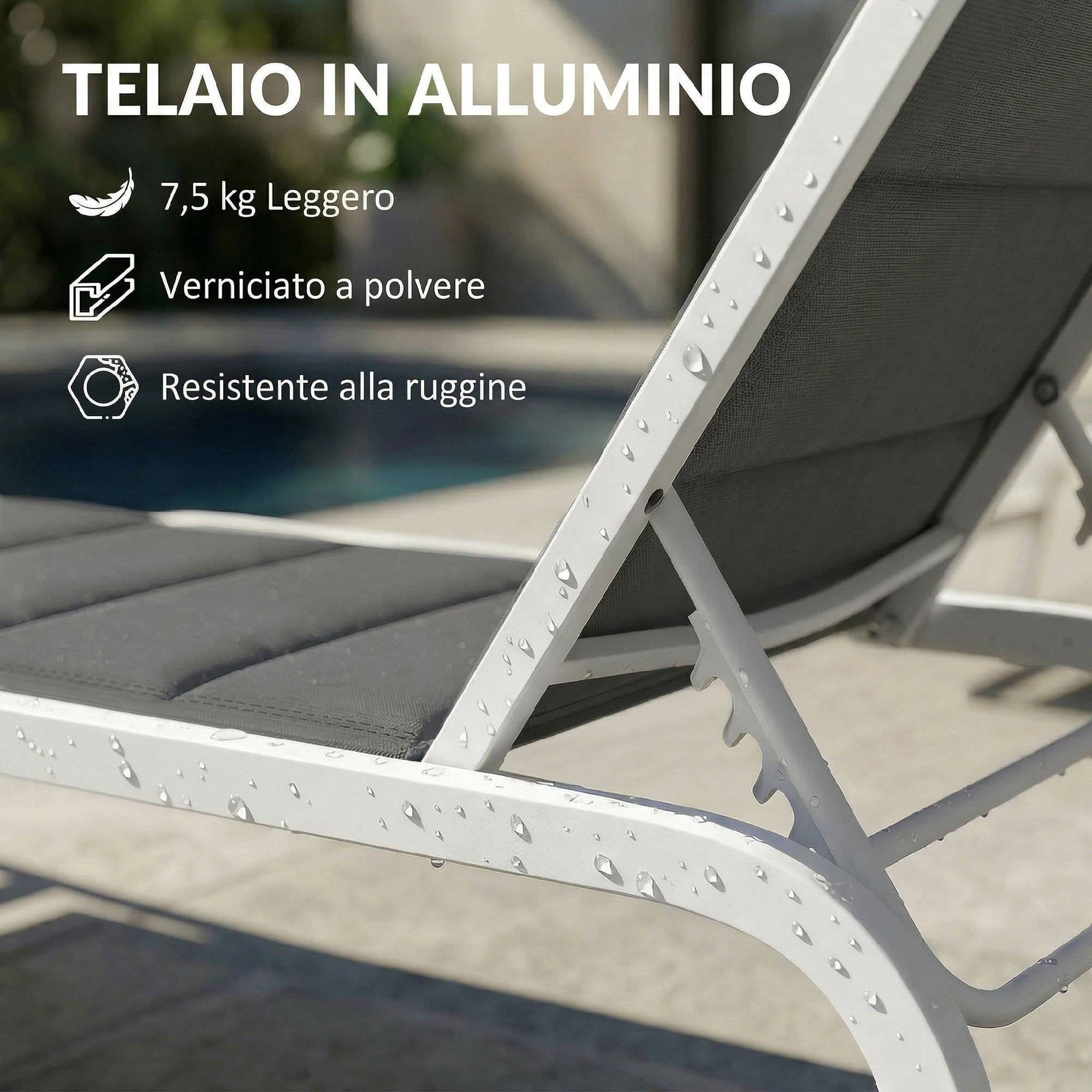 Transat de jardin à roulettes, en Textline avec structure en aluminium, gris foncé et blanc - Image 7