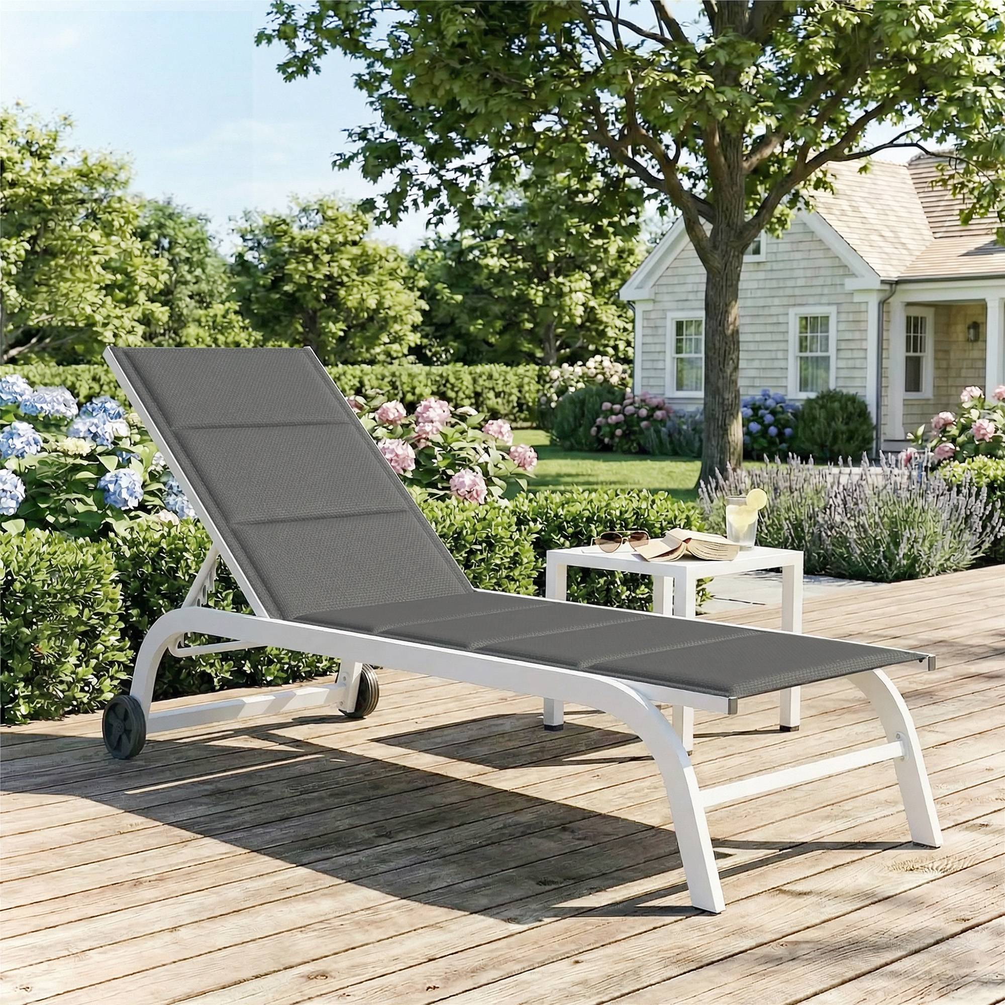Transat de jardin à roulettes, en Textline avec structure en aluminium, gris foncé et blanc - Image 4