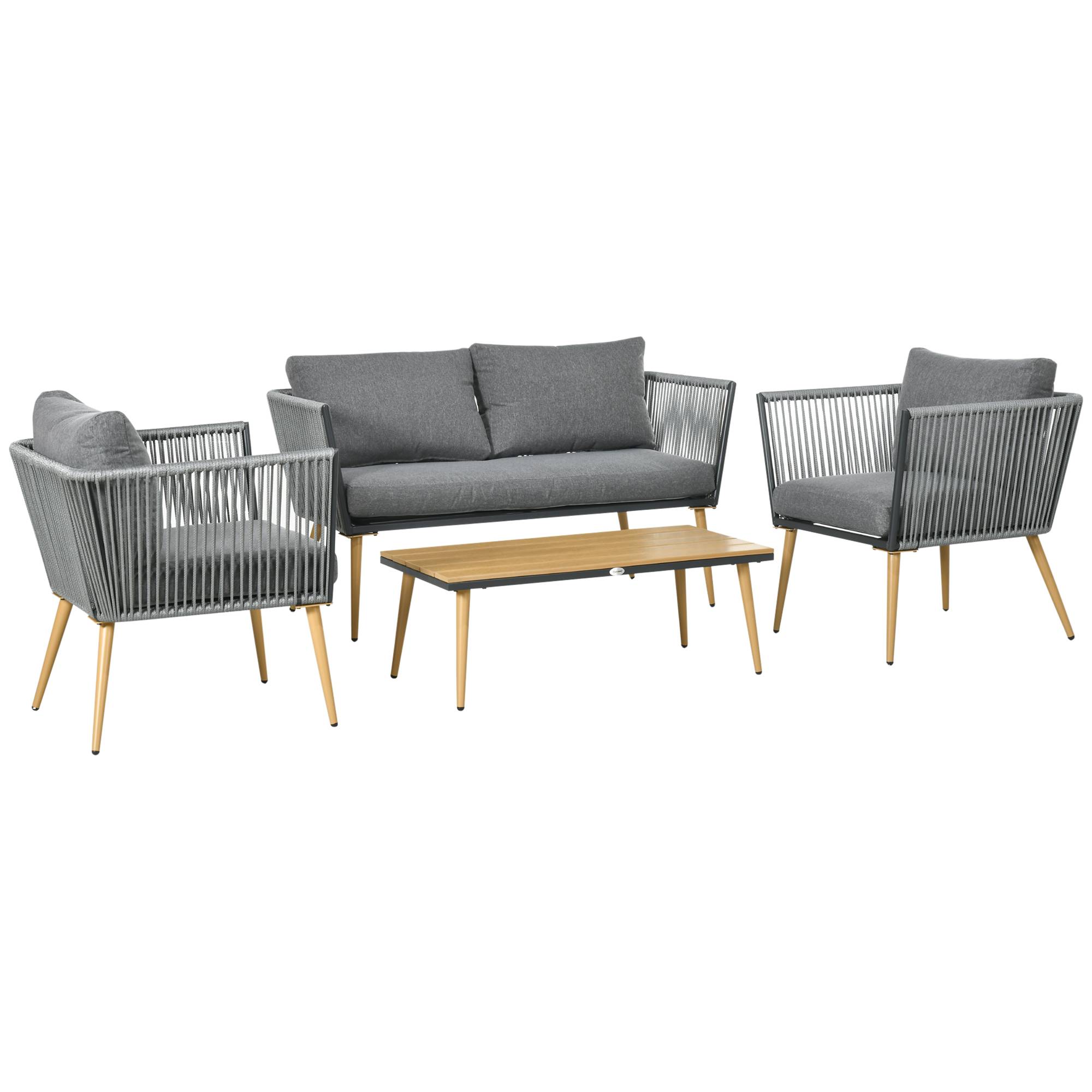 Outsunny - Salon de jardin 4 places 4 pièces design scandinave acier époxy résine filaire PE coussins inclus gris - Image 1