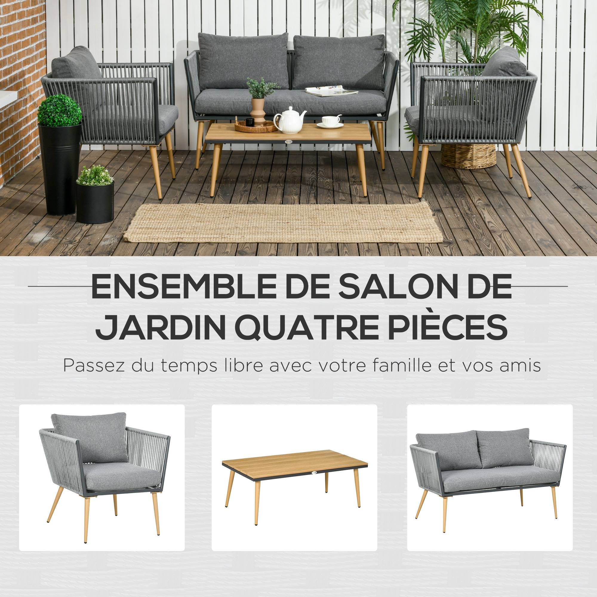 Outsunny - Salon de jardin 4 places 4 pièces design scandinave acier époxy résine filaire PE coussins inclus gris - Image 4