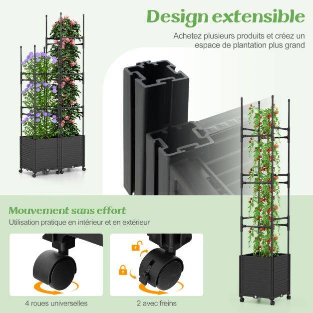 Helloshop26 - Jardinière surélevée à roulettes avec treillis obélisque lit de jardin à arrosage automatique avec 3 hauteurs 42 x 42 x 219 cm noir - Image 4