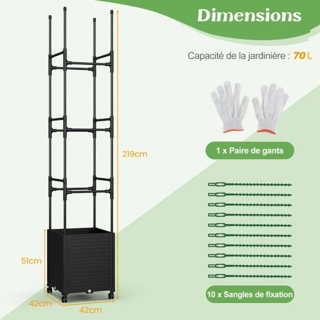Helloshop26 - Jardinière surélevée à roulettes avec treillis obélisque lit de jardin à arrosage automatique avec 3 hauteurs 42 x 42 x 219 cm noir - Image 6