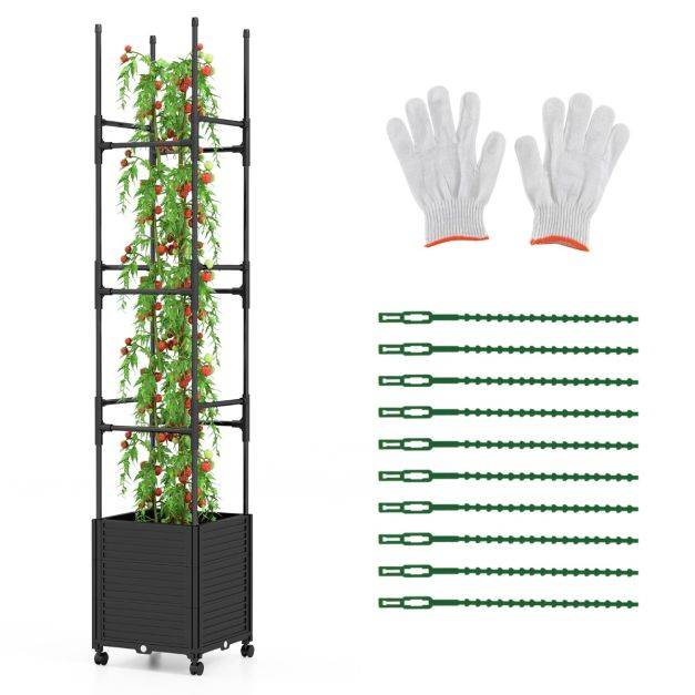 Helloshop26 - Jardinière surélevée à roulettes avec treillis obélisque lit de jardin à arrosage automatique avec 3 hauteurs 42 x 42 x 219 cm noir - Image 2