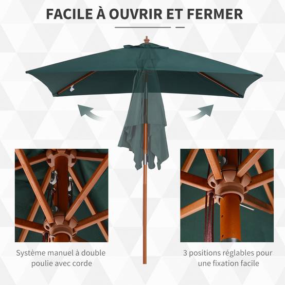 Parasol rectangulaire inclinable en bois et polyester vert foncé 200 x 150 x 235 cm - PANGIVO - Image 8