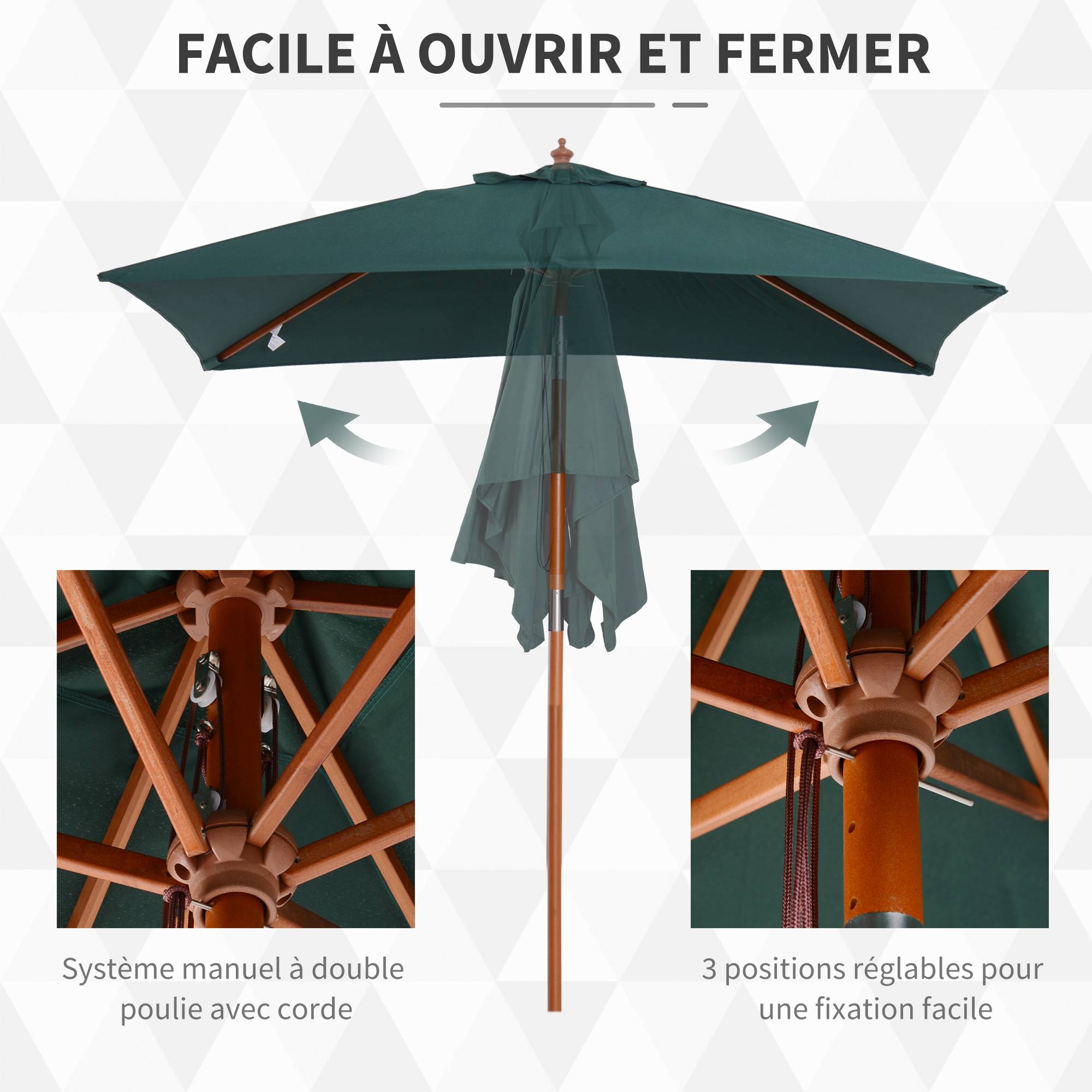 Parasol rectangulaire inclinable en bois et polyester vert foncé 200 x 150 x 235 cm - PANGIVO - Image 8
