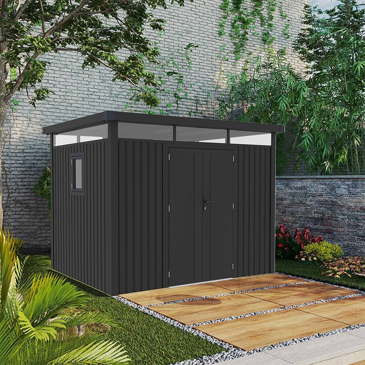Abri de jardin métal anthracite 7.45m² toit plat + kit d'ancrage - Image 8