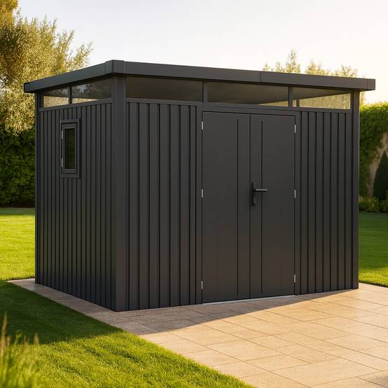 Abri de jardin métal anthracite 7.45m² toit plat + kit d'ancrage - Image 1